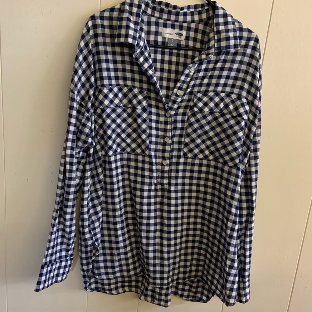 Blue and White Gingham Button Up Blouse
